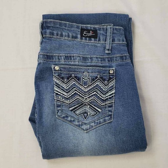 Earl Womens Boot Cut Jeans Blue Whiskered Embroidered Medium Wash Denim 10 - Picture 4 of 12